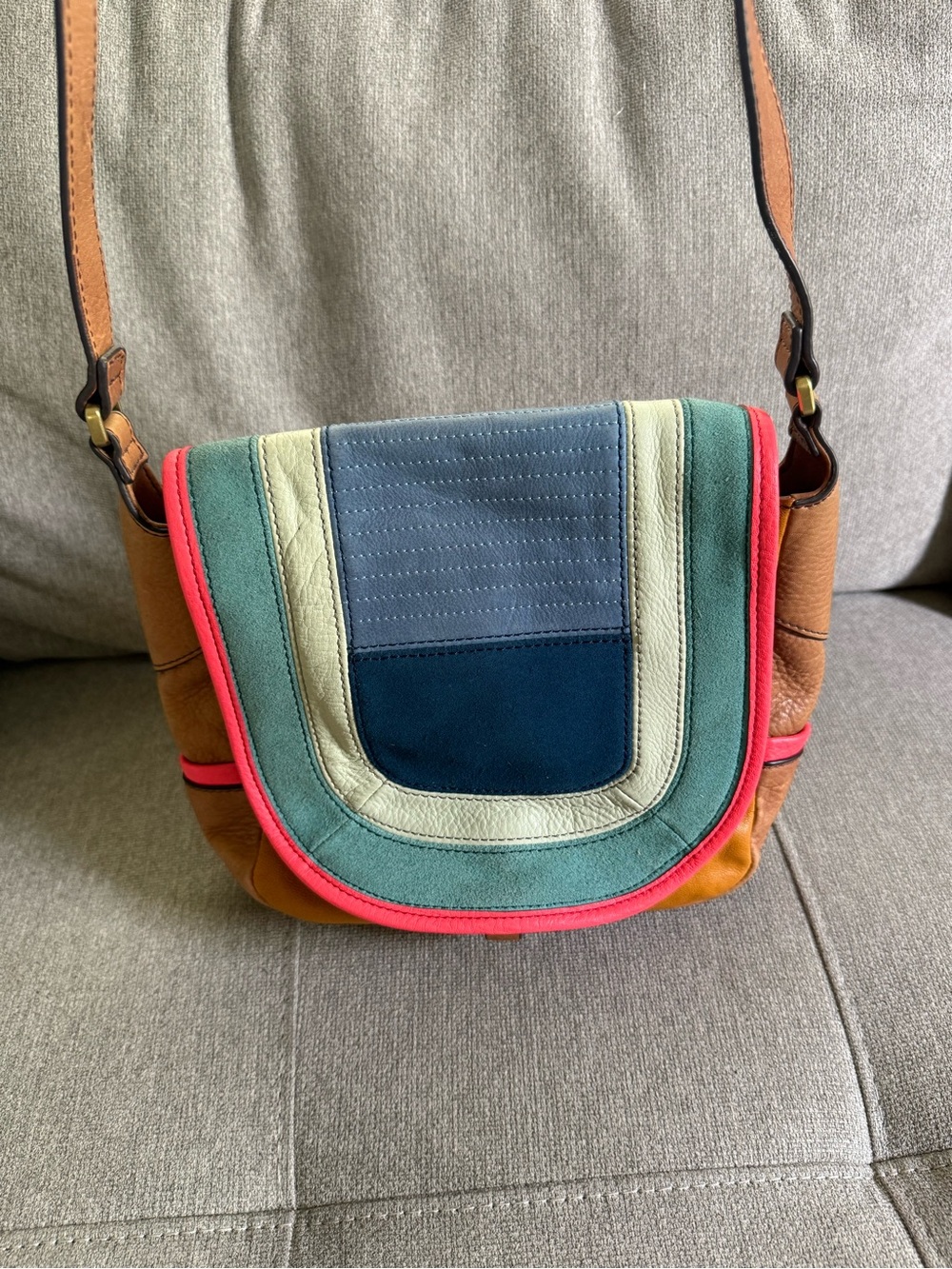 Fossil Brown Leather Colorblock Crossbody with Teal, Navy and Coral Trim